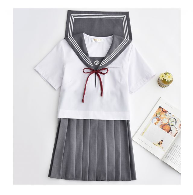白三本刺绣关西襟水手服女校服班服学院风学生套装 单件灰色裙子(送)