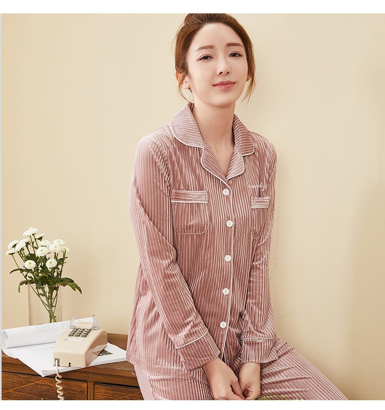 都市丽人睡衣女套装2019秋冬新品中厚款短绒翻领对襟长袖长裤女士家居
