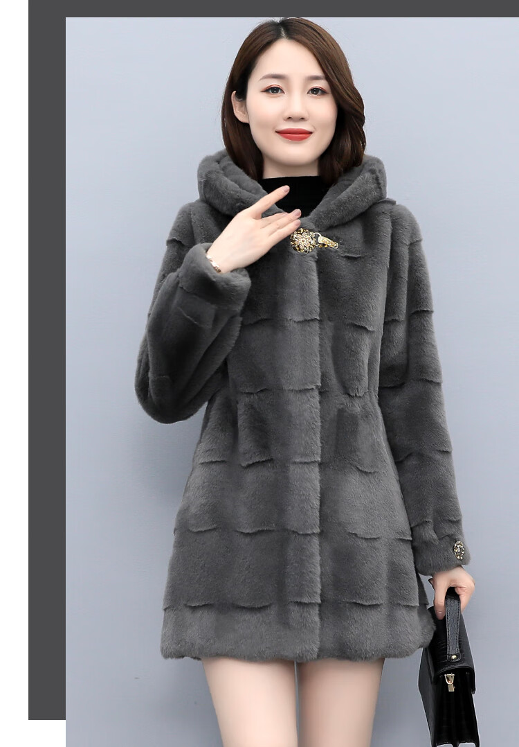 罗蒙(romon) 貂皮大衣女整貂皮毛一体连帽修身中长款小母貂水貂毛裘皮