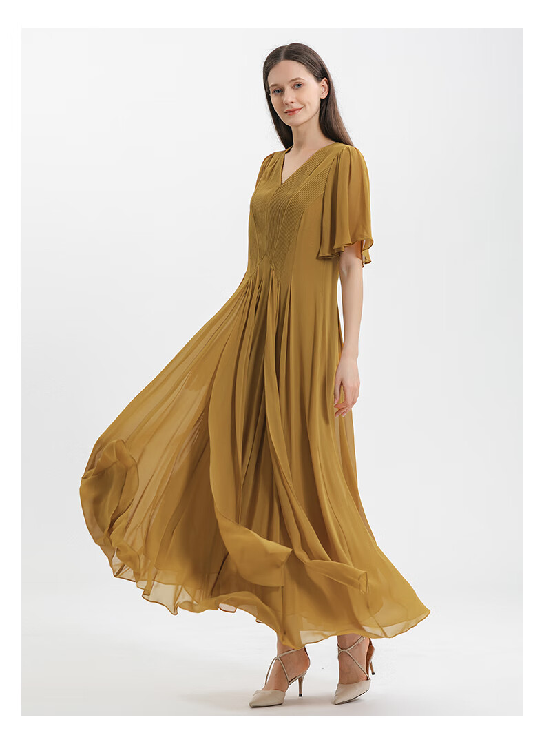 voa乔其纱桑蚕丝棕黄色v领风琴褶飘带立体装饰短袖双层真丝连衣裙 ae