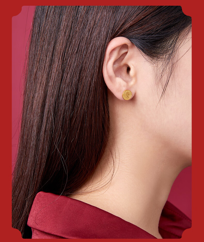 999足金女黄金耳钉弯钩女5g硬金耳环圆牌耳饰圆形耳环欧美风 单件女