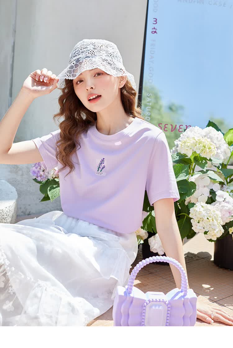 少女中国乐町白色上衣女2022夏季新款体恤紫色宽松短袖t恤紫色现货m