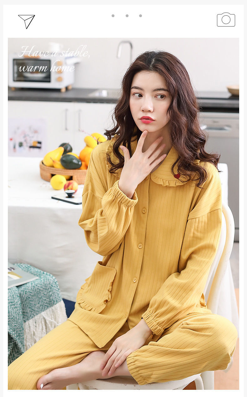 千奈美睡衣女春秋款纯棉长袖休闲薄款家居服全棉春夏季家居服套装c