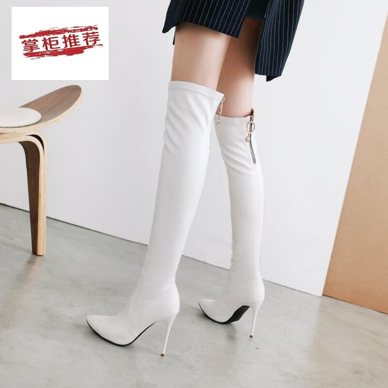 2019秋冬季长靴子白色高跟细跟尖头弹力长筒靴过膝长靴高筒靴潮新品
