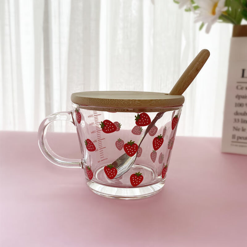 驰诺ins玻璃杯家用牛奶燕麦早餐杯学生水杯印花刻度杯子加盖勺女生 女
