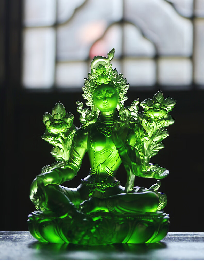 琉璃精舍古法琉璃绿度母摆件琉璃佛像佛堂家用观音佛像摆件浅黄色单片