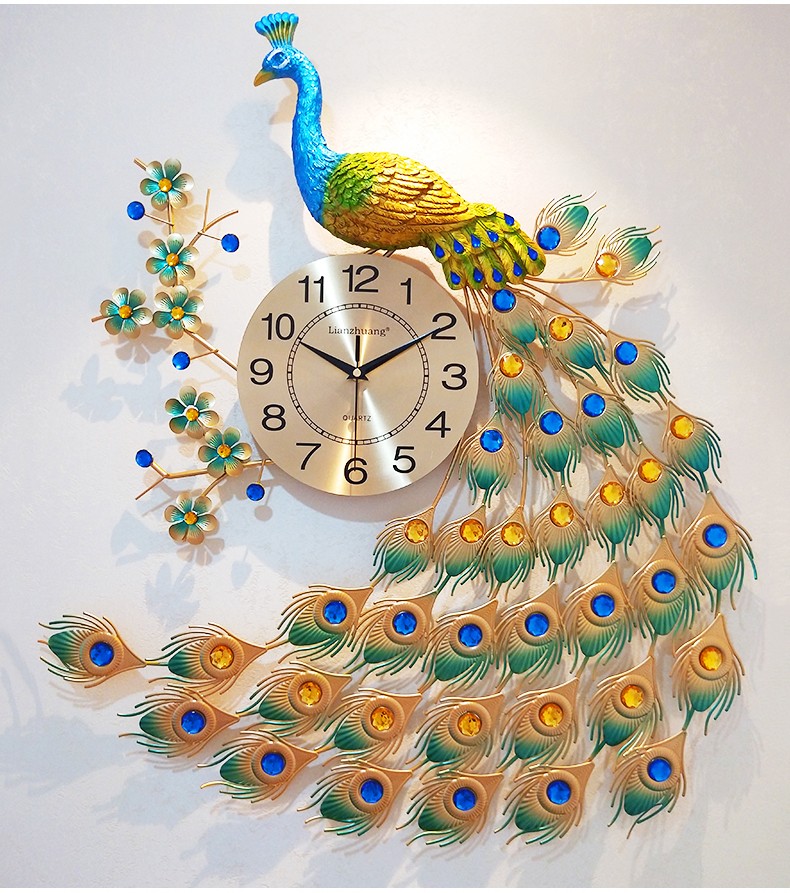 孔雀钟表挂钟客厅创意时尚时钟现代简约大气挂表家用静音石英钟 吉祥