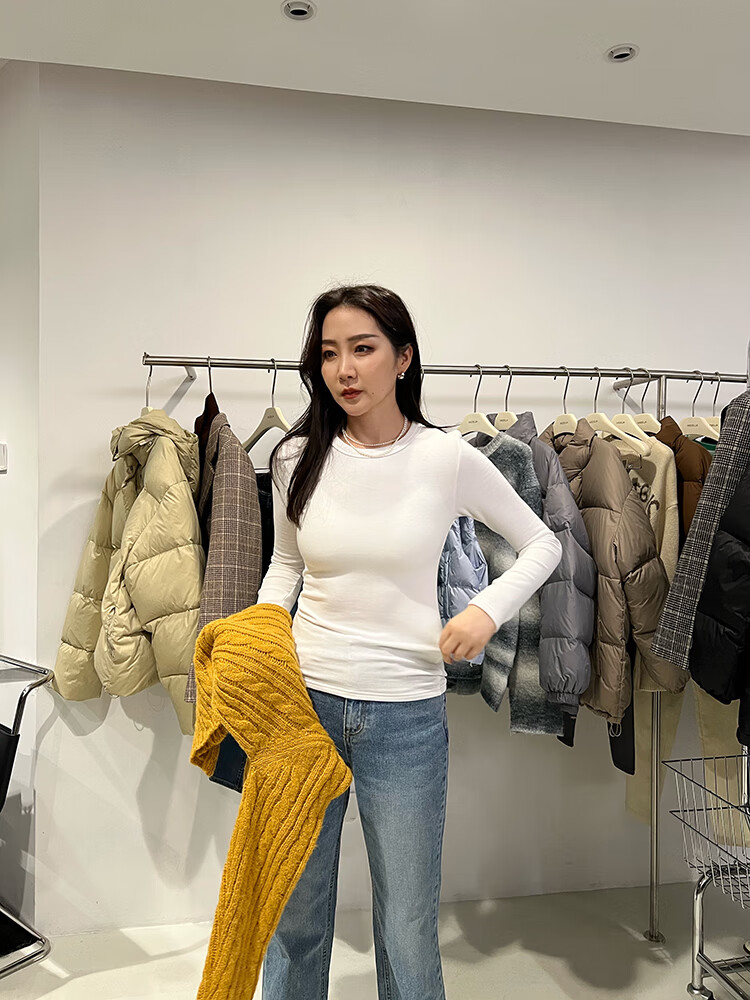 丽呤widelia陈姬儿秋冬款基础圆领加绒打底衫女修身弹力纯色上衣9133