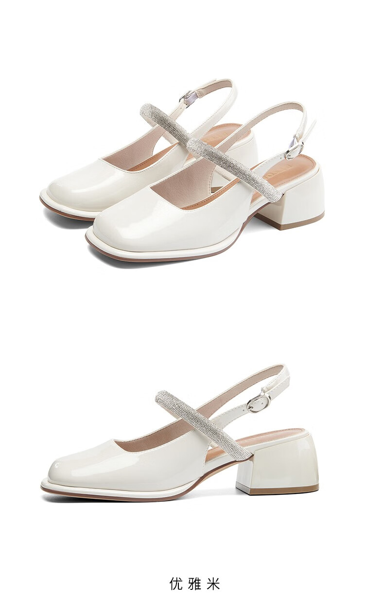 百田森方头水钻玛丽珍鞋女2022春夏新款中粗跟包头凉鞋黑色34