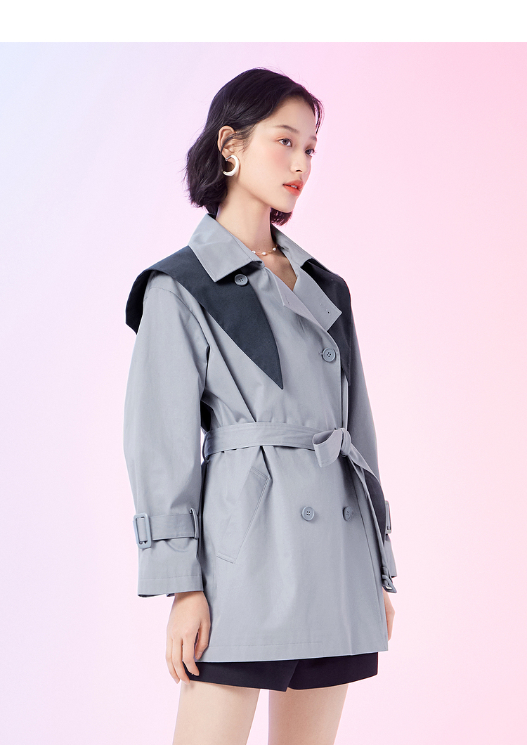 诗凡黎风衣外套女2022新款春季蓝色中长款工装风小个子大衣外套 自然