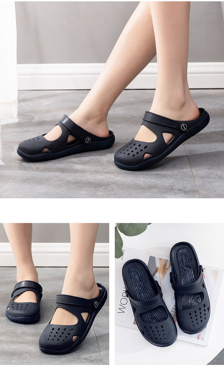 越南乳胶凉鞋女韩版平底洞洞鞋旅游软胶鞋防滑不磨脚广场舞鞋墨蓝黑38