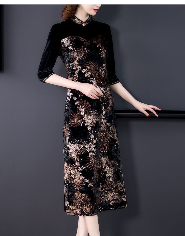 特价捡漏高档轻奢品牌旗袍改良连衣裙年秋冬季女金丝绒气质中老年妈妈