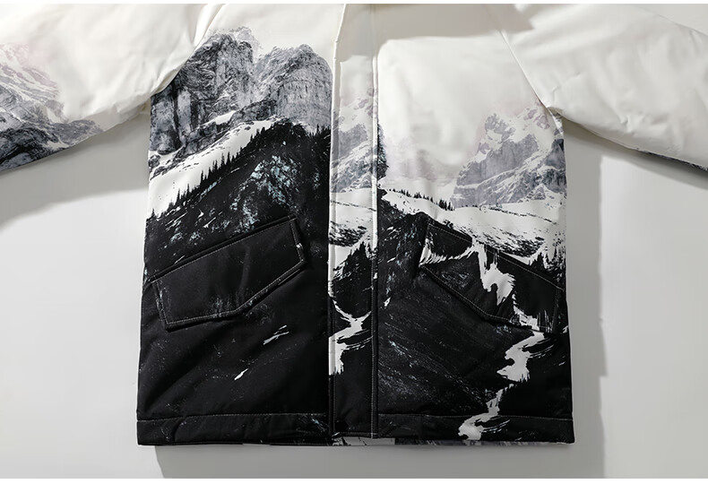 动感北面羽绒服男雪山水墨大毛领国潮冬季情侣工装连帽中长款渐变防风