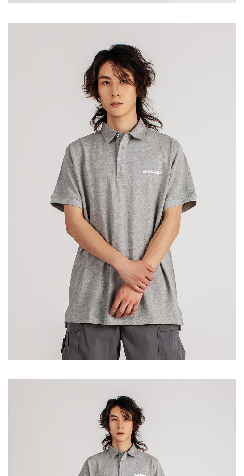 man wassup不规则纯色polo衫短袖男女新款潮牌情侣款宽松美式复古收口