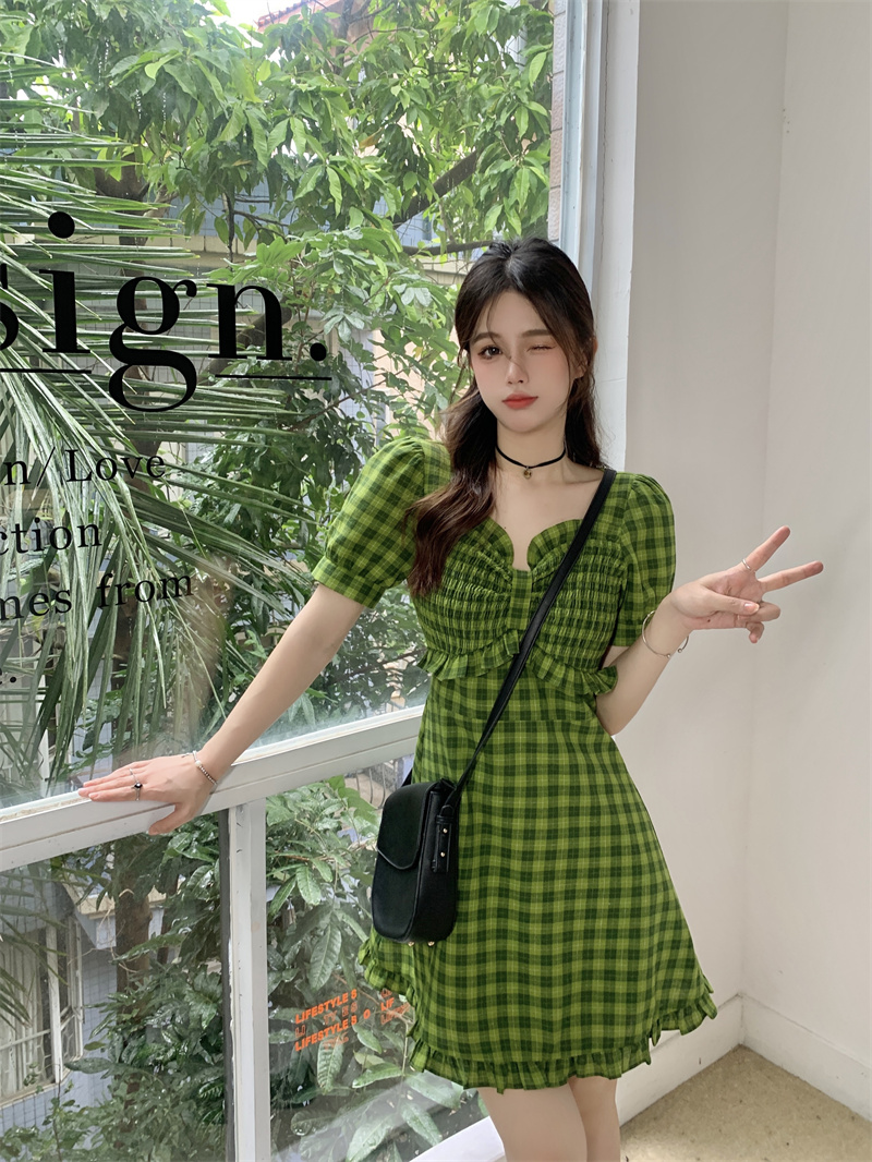 pbmr显白绿色格子短袖连衣裙女法式方领收腰显瘦a字裙 绿色格子-长款