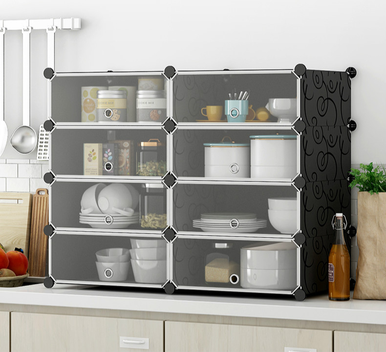 简易碗柜餐边柜小型家用组装储物柜简约现代塑料橱柜厨房柜 浅粉2列3