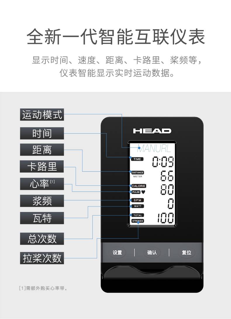 海德划船机海德head水阻划船机家用智能健身实木划船器划桨纸牌屋划艇