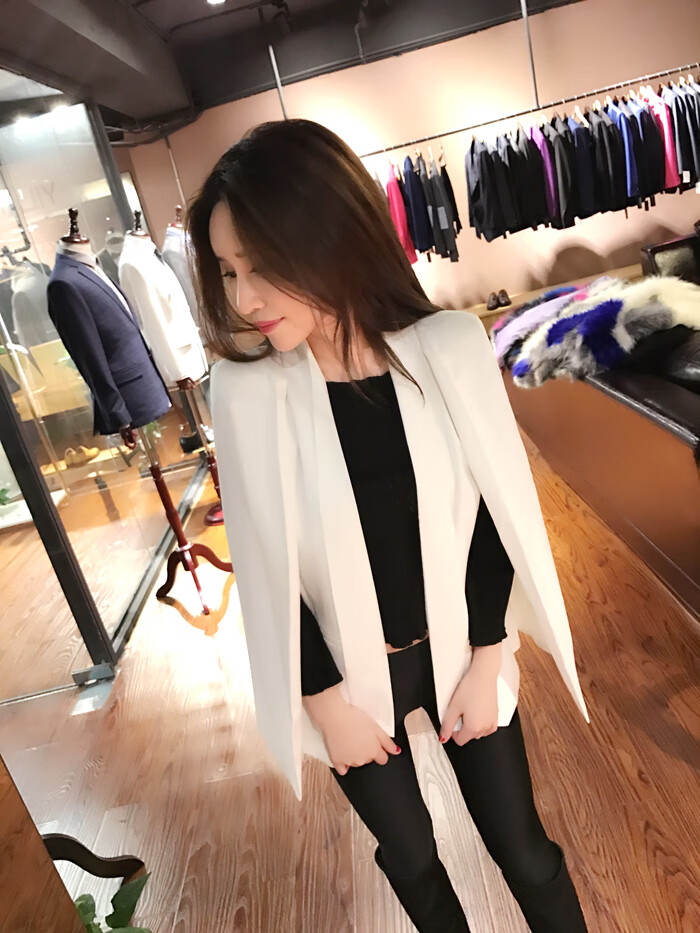 早秋新款韩版斗篷披肩薄款小西装女大码休闲黑色小西服女外套 黑色 s