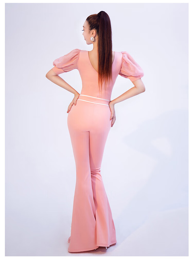 佧森滋黑色u领泡泡袖烫钻形体服女式夏斜纹棉专业礼仪导师套装舞蹈网