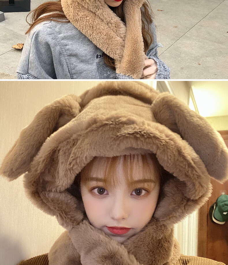 少女帽子耳朵动创意兔围巾帽可爱少女冬季保暖毛绒帽子一体 9775款深