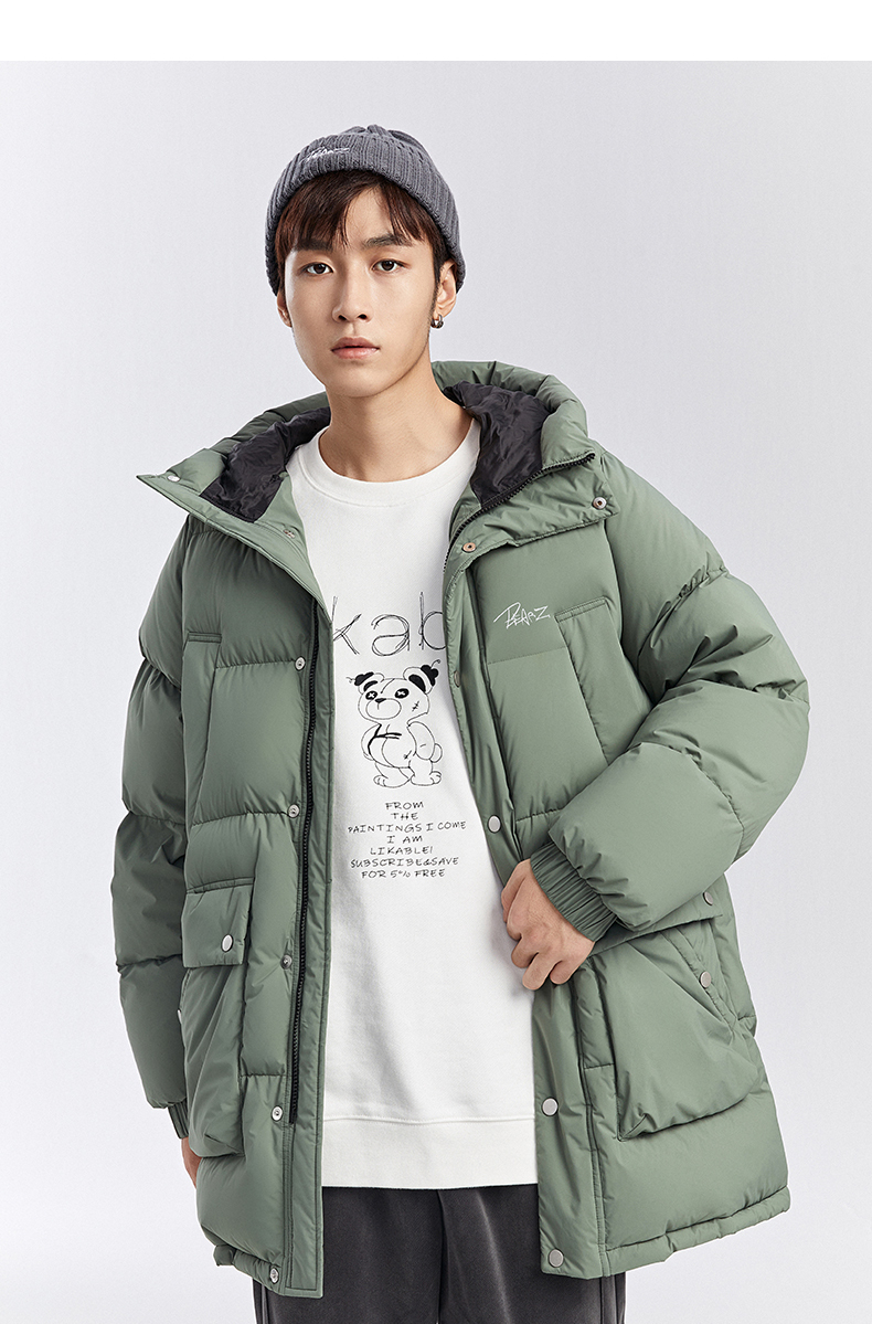 太平鸟男装羽绒服冬季新款连帽刺绣中长款宽松时尚情侣外套潮绿色m