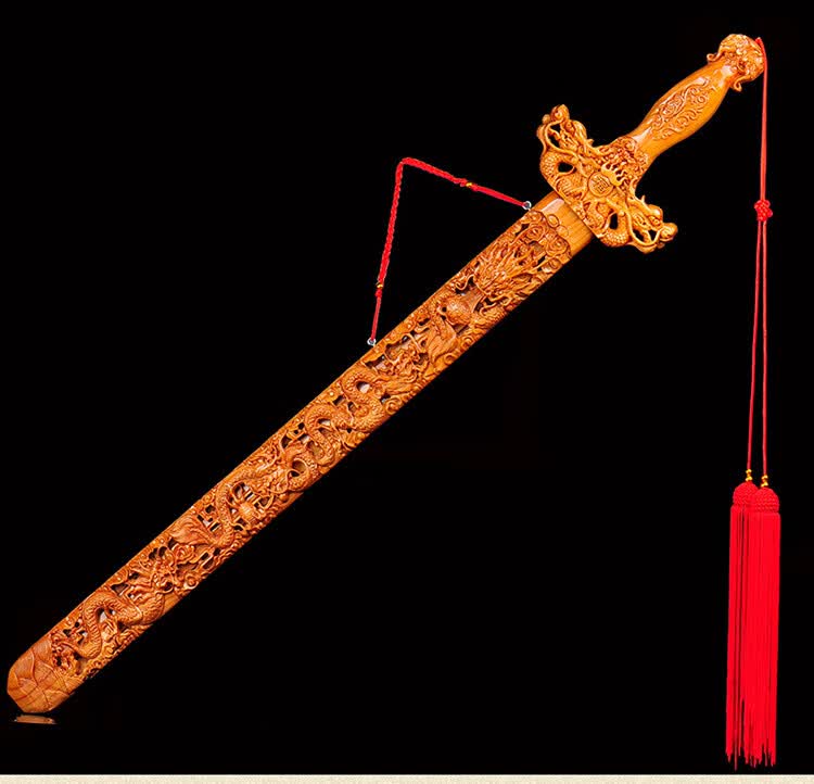 肥城桃木剑 天然木雕刻挂件 朱砂道士儿童随身工艺品 22cm四神兽剑(化