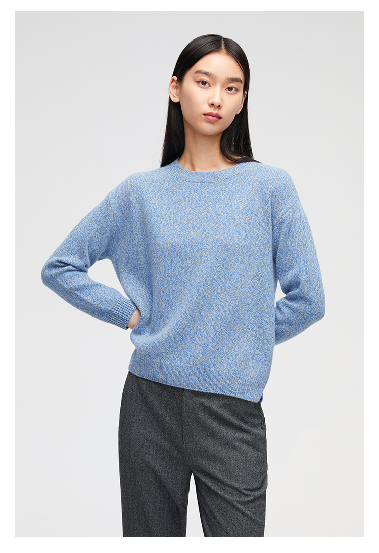 zb珍贝宽松纯羊绒衫女2021秋冬新款圆领保暖针织毛衣简约035自然夹栗