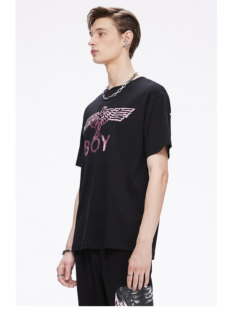 boylondon官网2021秋冬新品水墨翅膀印描边短袖t恤女t恤男203902黑色s