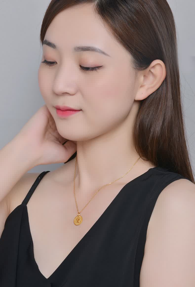 勋月珠宝黄金ab项链女王头像硬币吊坠子999足金套链条女款ins风5g金