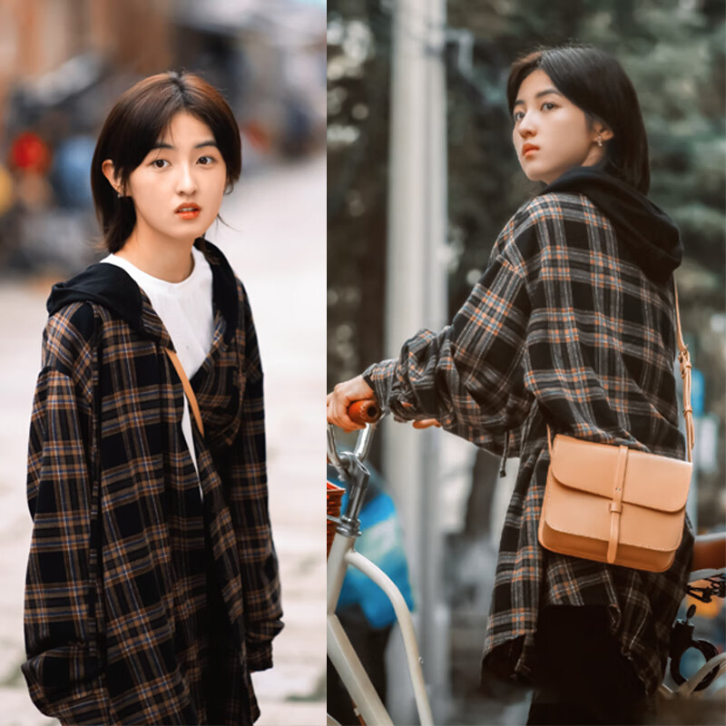 天才基本法张子枫同款衣服 林朝夕格子连帽衬衫女日系cityboy宽松慵懒