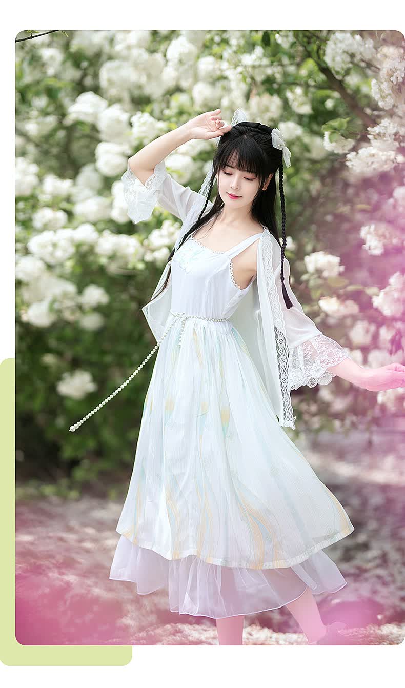 知夏如梦霓裳改良汉服女款汉元素白色连衣裙夏季白色蕾丝外搭155现货