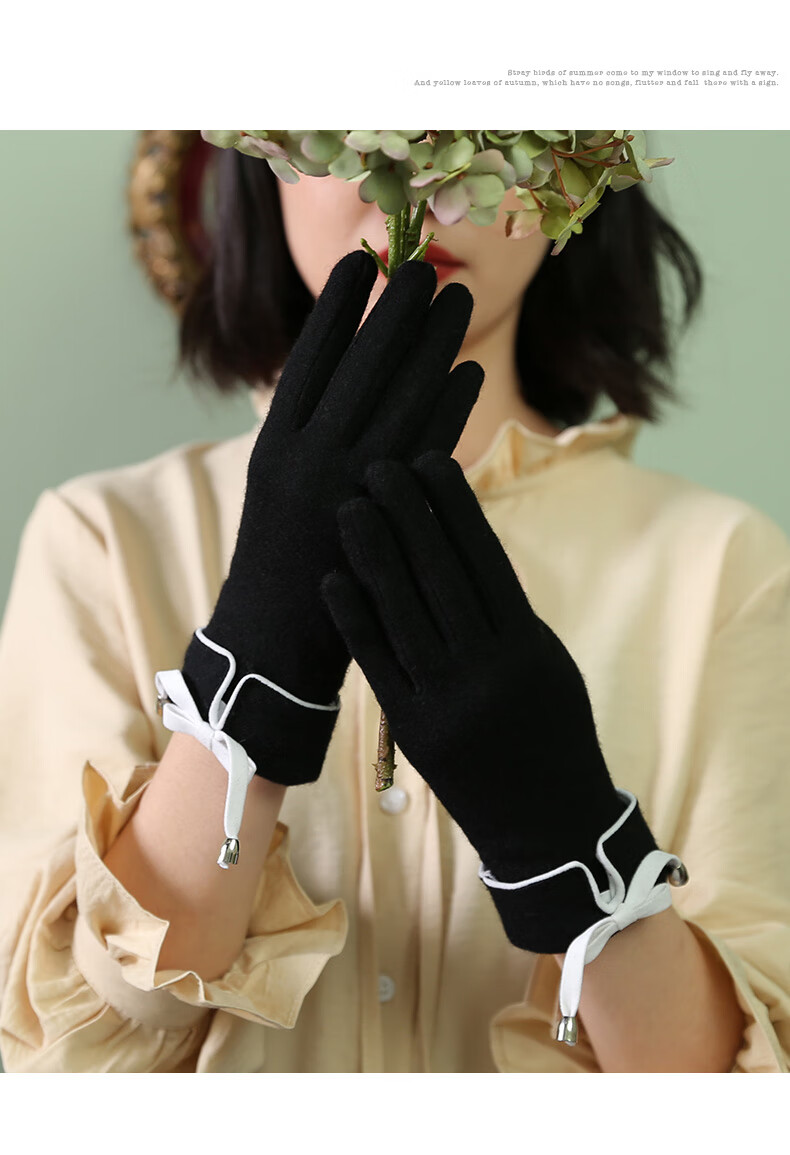 羊毛手套秋冬季加绒加厚开车骑行保暖可触屏羊绒手套冬天女加绒黑色