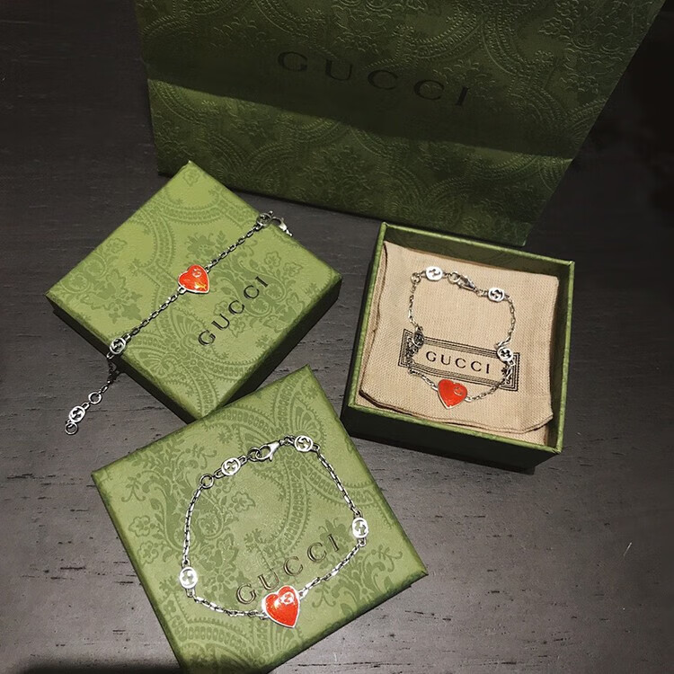 古驰(gucci)互扣式双g 925银 珐琅爱心手链送女友小清新百搭手链 生日