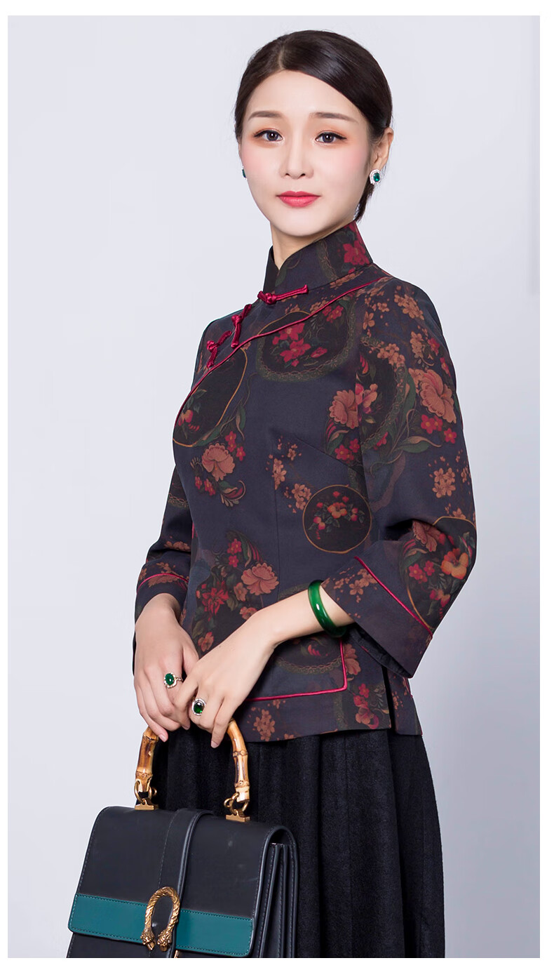 华族经典中式女装立领盘扣唐装女长袖秋冬真丝香云纱旗袍上衣短款花色