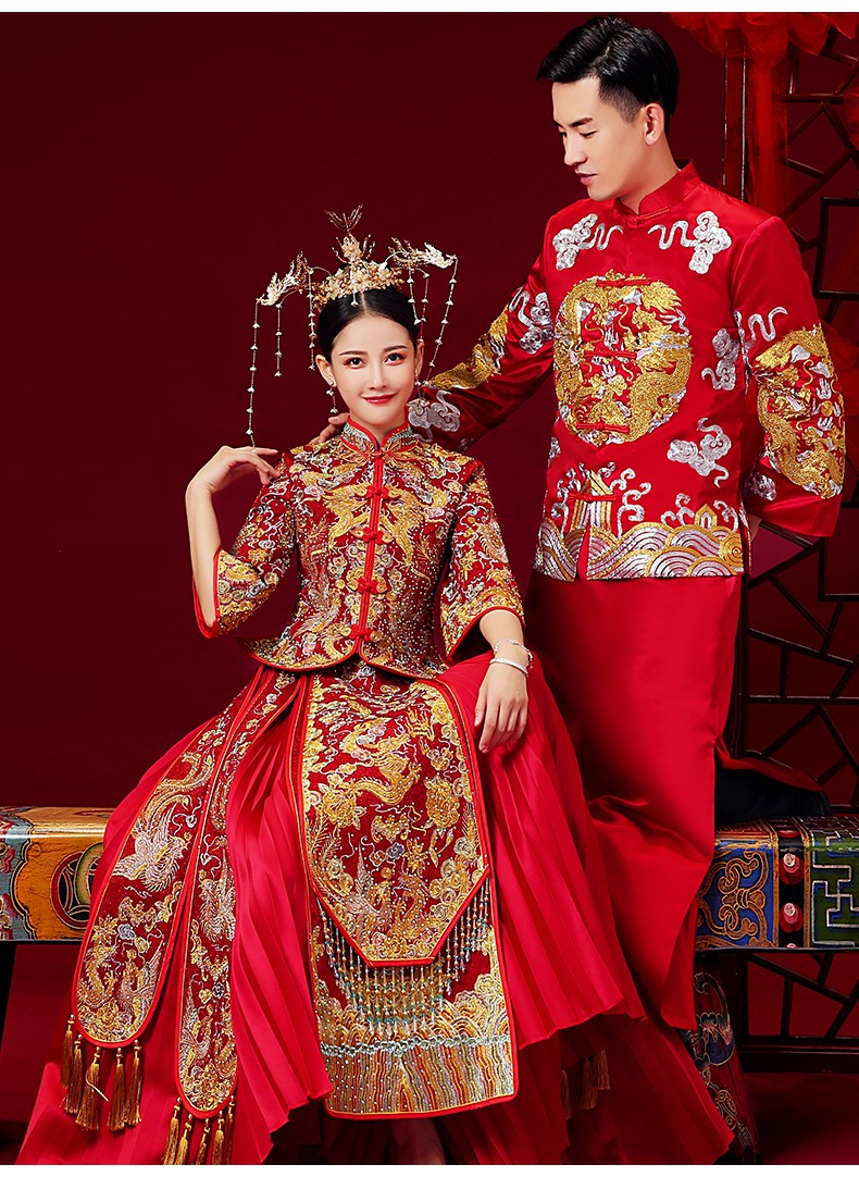 龙曼尼仕秀禾服新娘婚纱新款夫妻款古装旗袍结婚礼服605盘锦绣南装xl