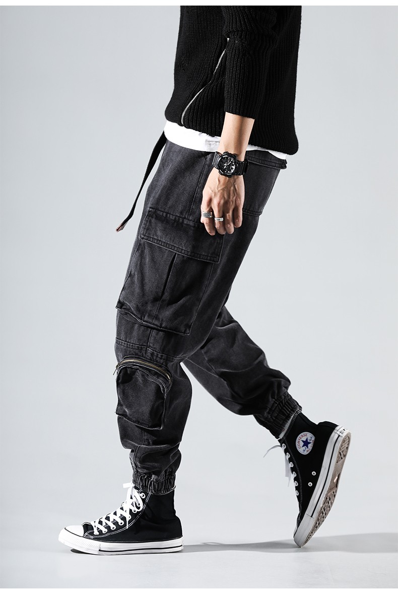 2019古克 牛仔工装裤男秋冬新品潮牌束脚裤街头潮流嘻哈长裤男 深灰色