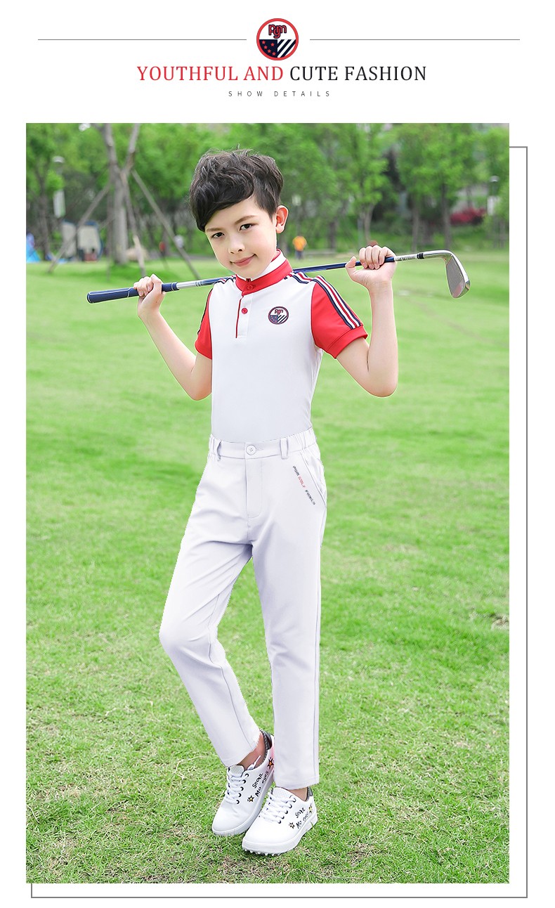 高尔夫衣服 男童短袖t恤 夏季运动服装 白红色(单件上衣) xxl(身高