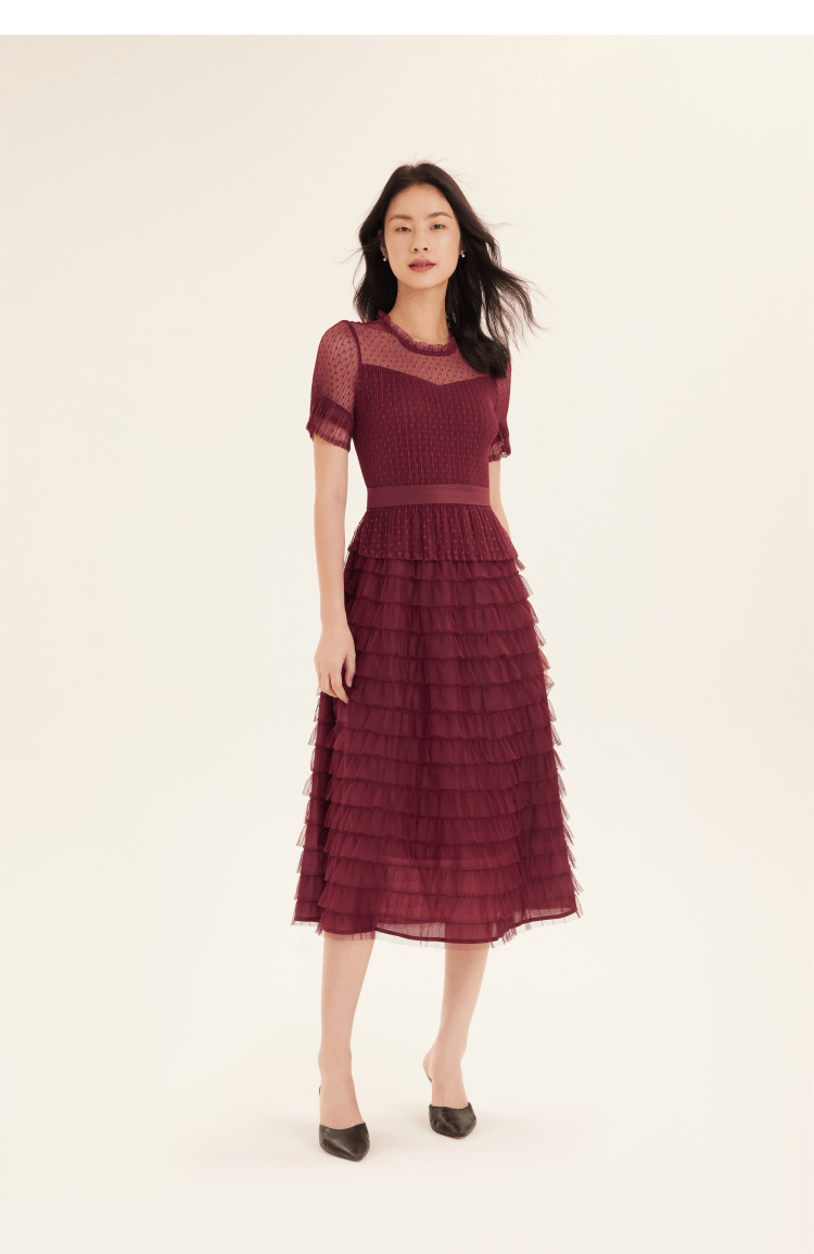 gloria歌莉娅2019年夏季新品压褶短袖蛋糕裙194k4bbi0u09灰蓝f