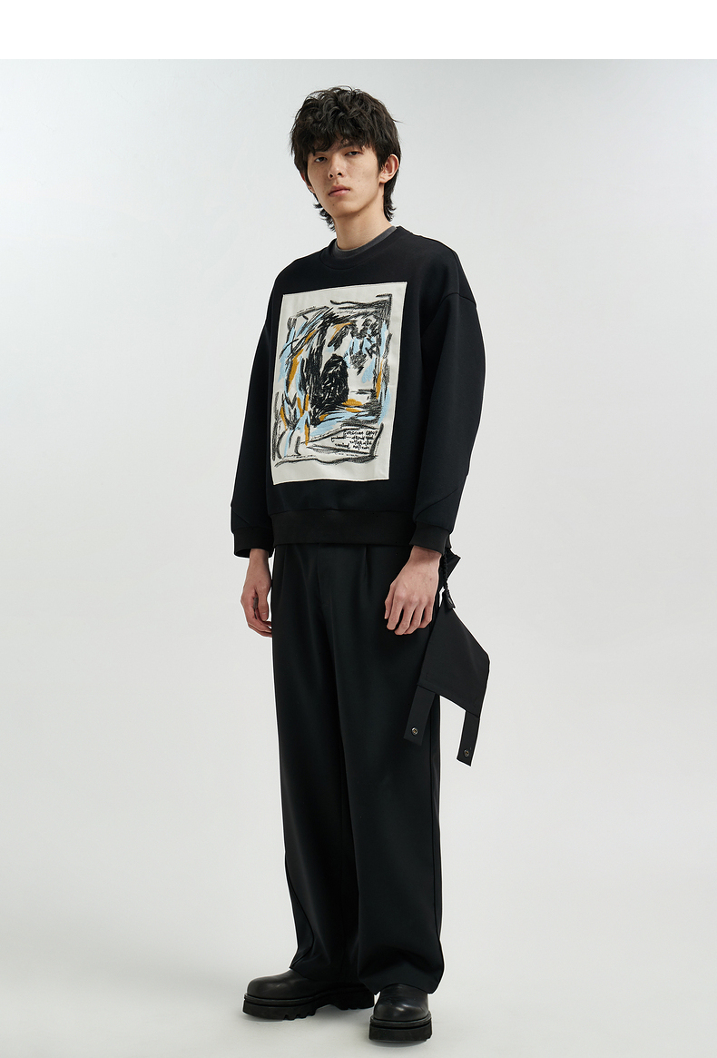 速写男装秋季新款圆领卫衣印花情侣套头长袖时尚宽松休闲简约 001本黑