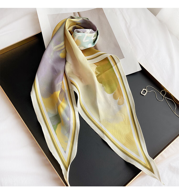 火烧云黄紫油画原创菱形丝巾小众黄绿色尖角围巾礼盒春秋搭配围巾