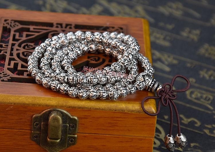 老凤祥990银手串佛珠串珠108颗佛珠手链六字真言银珠手链实心手串银饰