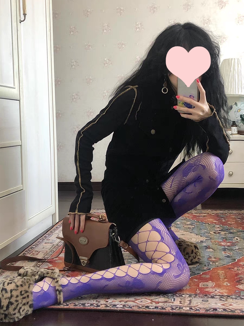 彩色丝袜性感捆绑渔网袜大码玫瑰花纹提花连裤袜女网红酷 连体袜黑色