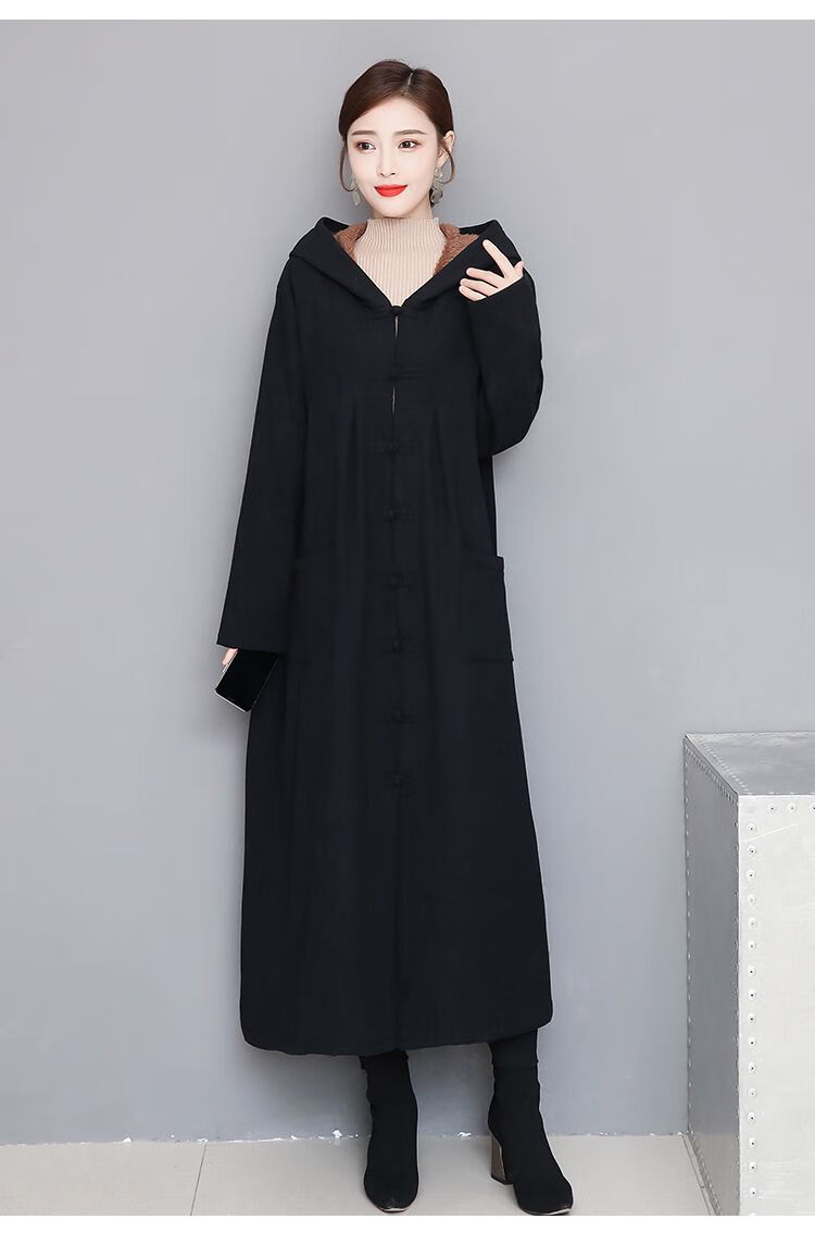 歌班娅【可穿200斤】秋冬民族风棉麻加绒加厚长款过膝斗篷风衣外套女