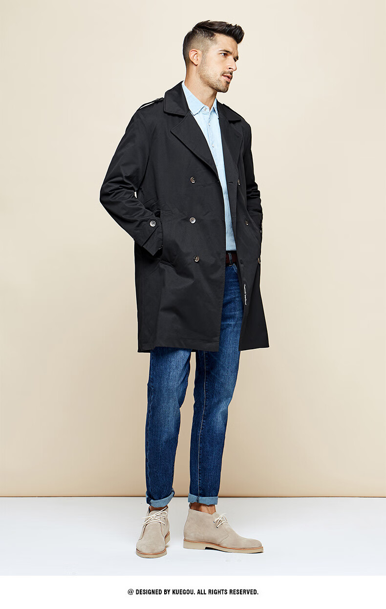 kuegou男士风衣春秋款韩版潮流中长款外套纯色翻领休闲大衣男9536