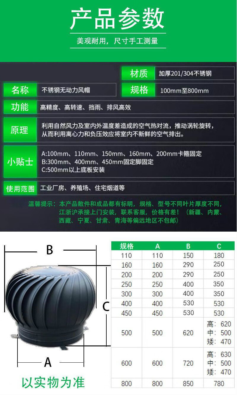 不锈钢304无动力风球风帽屋顶通风器养殖厂房烟道排气换气散热球a 160
