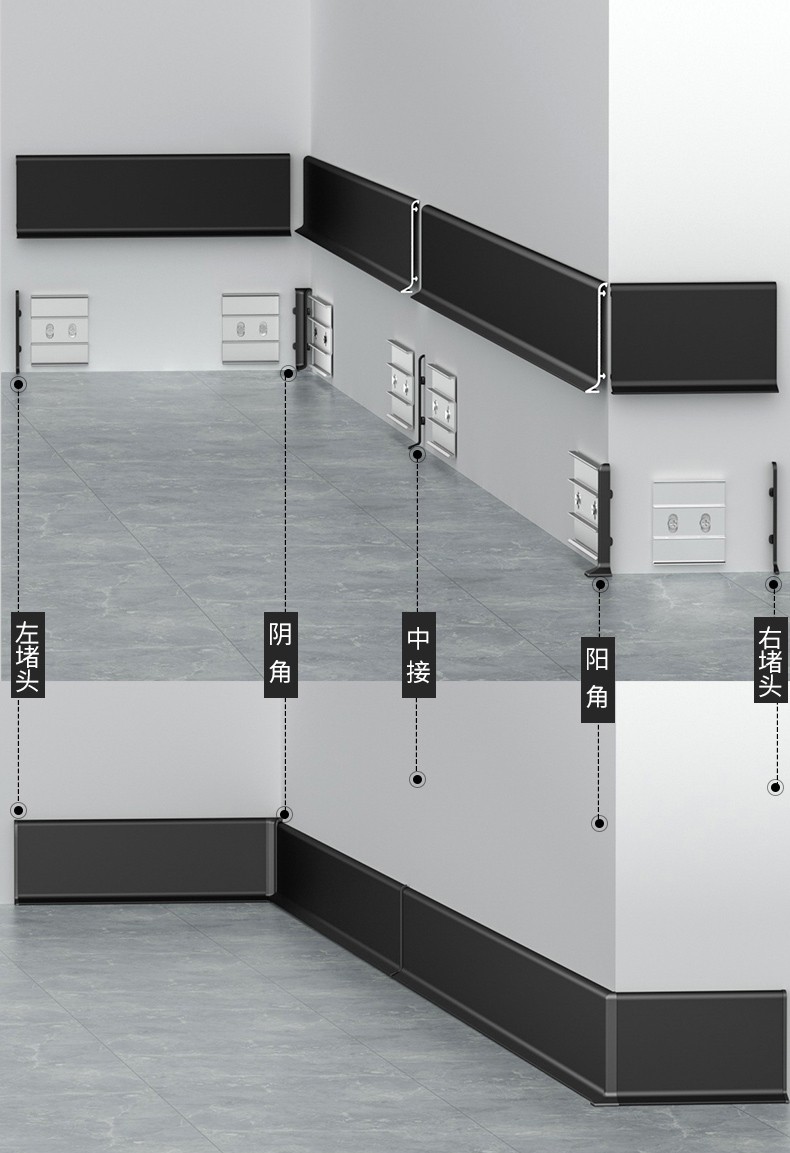 仓藏超薄卡扣铝合金踢脚线明装极简底座地脚线条金属踢脚板双层贴脚线