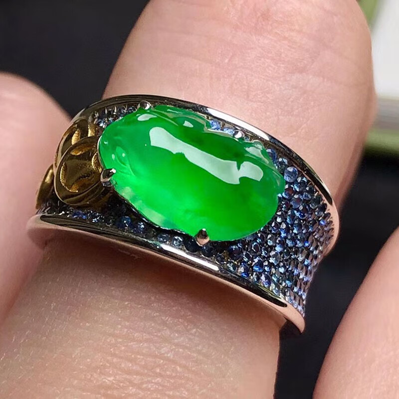 逸之璟a货天然翡翠时尚大方冰种阳绿三脚蟾翡翠戒指18k金镶嵌