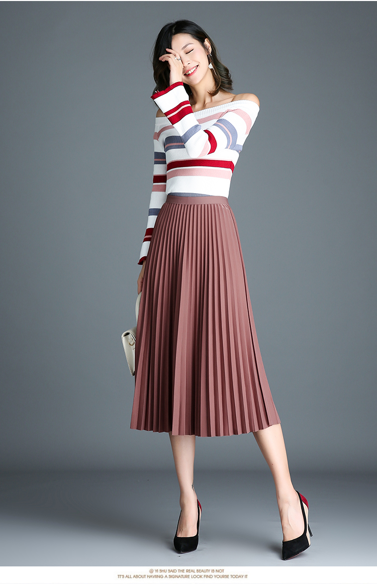 欧偲麦半身裙女士a字裙装新品款百褶裙子春季天半身长裙中长款一步