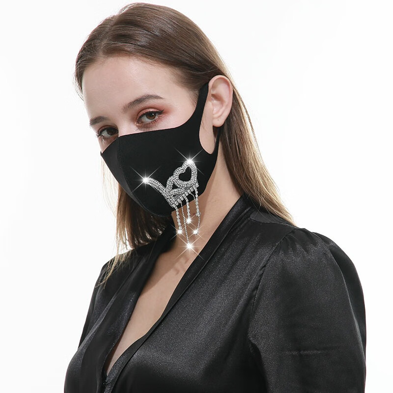 流苏带英文字母的口罩女高颜值防尘网红水钻口罩黑色同款薄款 la
