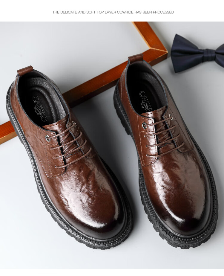 CARTELO CARTELO Hand-Grabbed Cowhide Men's Shoes, Thick-Soled Heightening Shoes, Business Casual Leather Shoes for Men, 9790 Black, Size 44 14